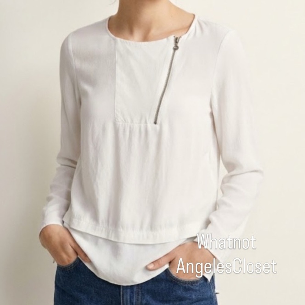 ZARA BASIC White Asymmetric Zip Blouse Long Sleeve Layered Hem Minimalist Small